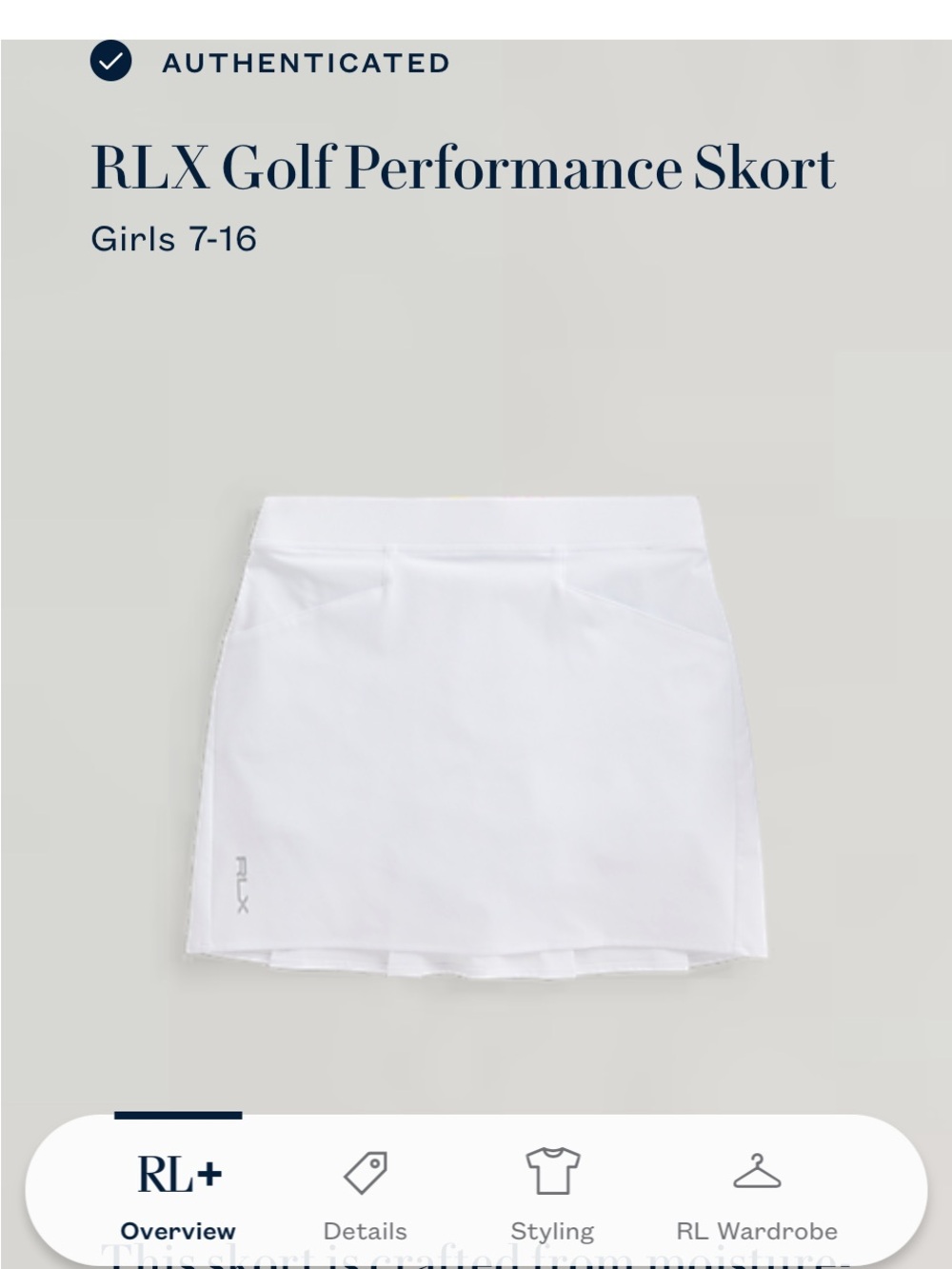 Girls Ralph Lauren RLX White Athletic Skort